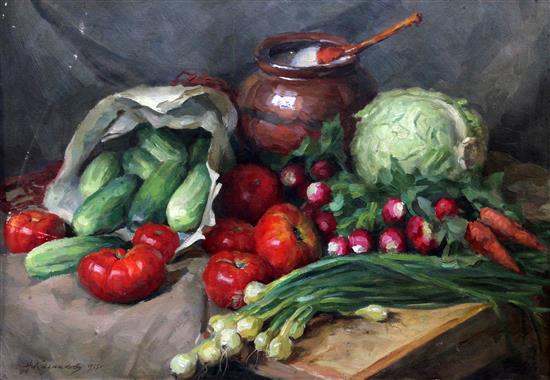 Nikolai Kalmykov (1924-1994) Still life of vegetables on a table top 19 x 26.5in.